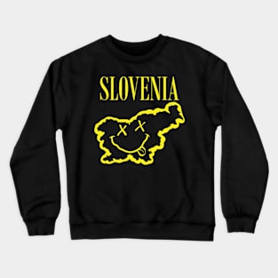 Vibrant Slovenia: Unleash Your 90s Grunge Spirit! Smiling Squiggly Mouth Dazed Smiley Face Crewneck Sweatshirt